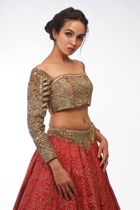 Shruti S_Red Silk, Organza Floral Motifs Sweetheart Neck Layered Lehenga Set _at_Aza_Fashions