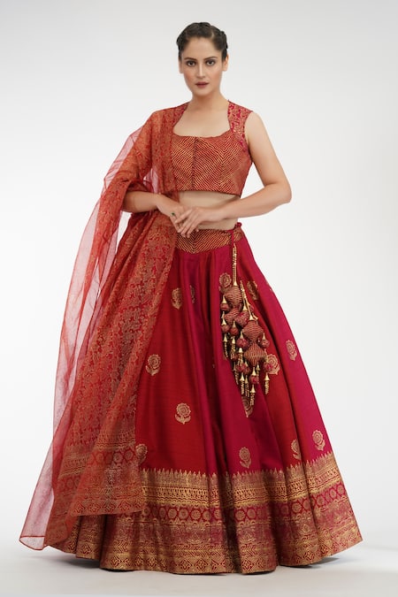 Shruti S Red Raw Silk, Organza Floral Motifs Round Printed Lehenga Set 