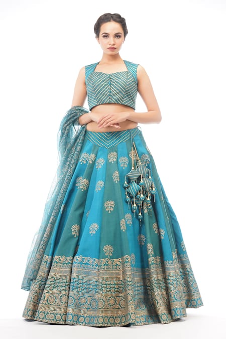 Buy_Shruti S_Blue Silk, Organza Chevron, Floral, Geometric V Neck Print Lehenga Set _Online_at_Aza_Fashions