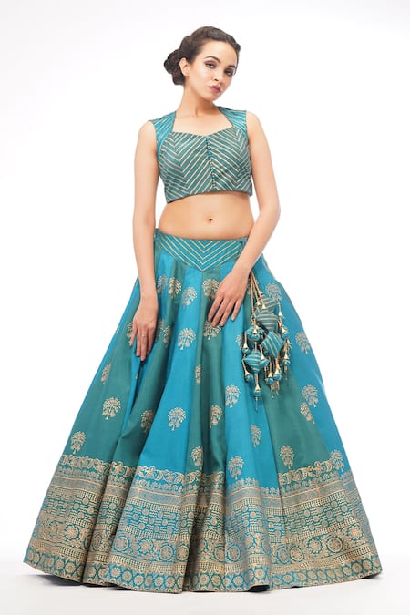 Shop_Shruti S_Blue Silk, Organza Chevron, Floral, Geometric V Neck Print Lehenga Set _Online_at_Aza_Fashions