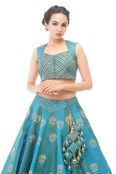 Shruti S_Blue Silk, Organza Chevron, Floral, Geometric V Neck Print Lehenga Set _at_Aza_Fashions