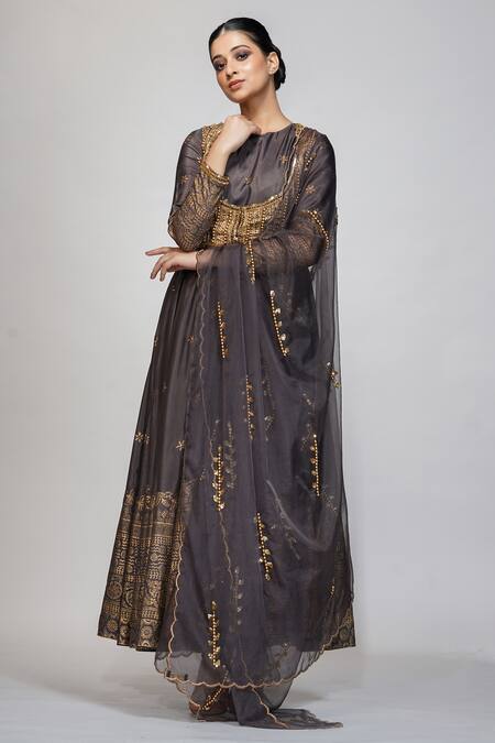 Shruti S_Grey Anarkali Silkchuridar  Shantoondupatta  Organza Bead Silk Jacket Set_Online_at_Aza_Fashions