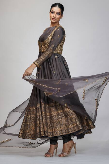 Buy_Shruti S_Grey Anarkali Silkchuridar  Shantoondupatta  Organza Bead Silk Jacket Set_Online_at_Aza_Fashions