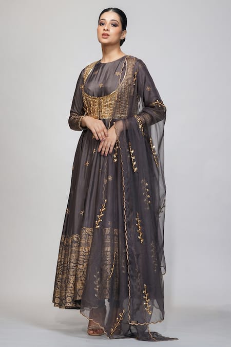 Shruti S Silk Hand Block Print Jacket Anarkali Set 