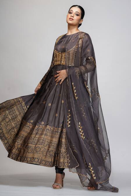 Shop_Shruti S_Grey Anarkali Silkchuridar  Shantoondupatta  Organza Bead Silk Jacket Set_Online_at_Aza_Fashions