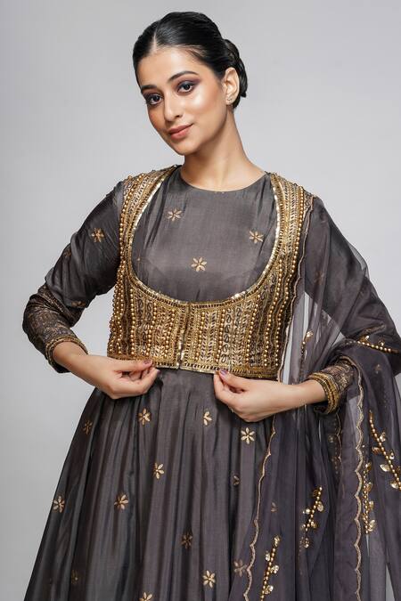 Shruti S_Grey Anarkali Silkchuridar  Shantoondupatta  Organza Bead Silk Jacket Set_at_Aza_Fashions
