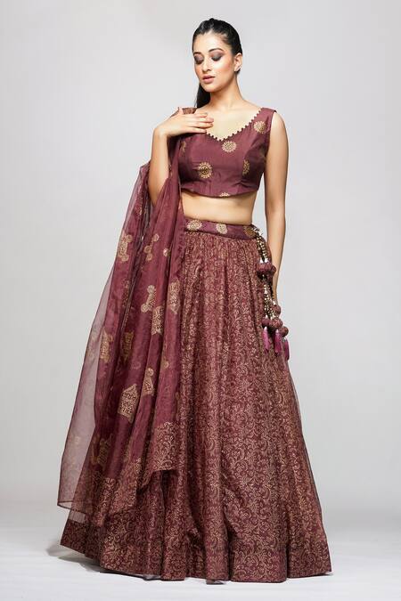 Buy_Shruti S_Purple Blouse Silk, Lehenga And Dupatta Organza Hand Block Metallic Floral Set_Online_at_Aza_Fashions