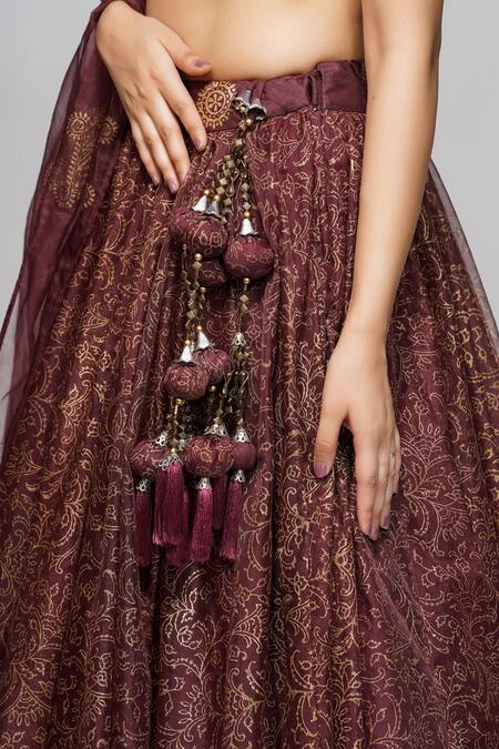 Shop_Shruti S_Purple Blouse Silk, Lehenga And Dupatta Organza Hand Block Metallic Floral Set_Online_at_Aza_Fashions