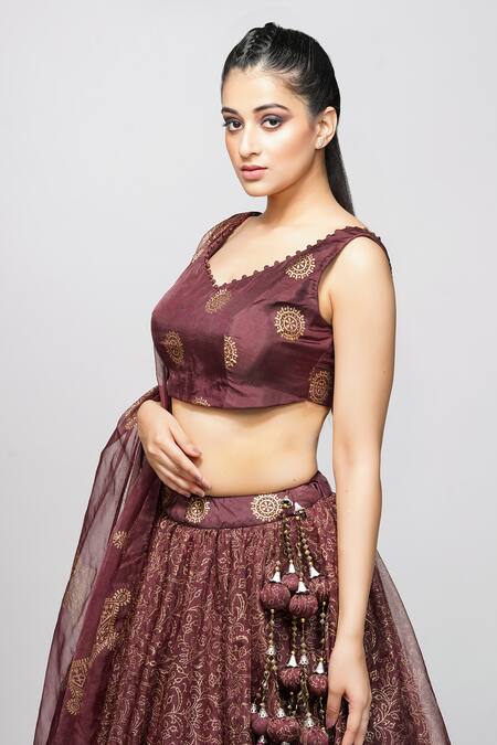 Shruti S_Purple Blouse Silk, Lehenga And Dupatta Organza Hand Block Metallic Floral Set_at_Aza_Fashions