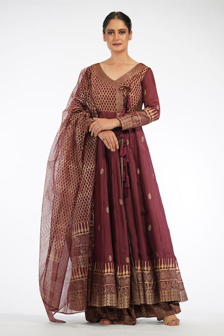 Buy_Shruti S_Brown Angrakha  Silksharara  Modaldupatta  Organza Hand Block Silk Set_Online_at_Aza_Fashions