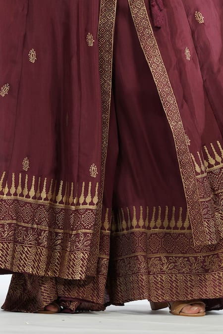 Shop_Shruti S_Brown Angrakha  Silksharara  Modaldupatta  Organza Hand Block Silk Set_Online_at_Aza_Fashions