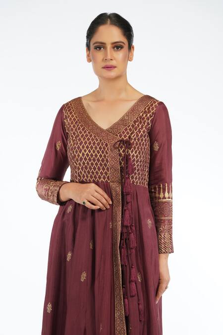 Shruti S_Brown Angrakha  Silksharara  Modaldupatta  Organza Hand Block Silk Set_at_Aza_Fashions