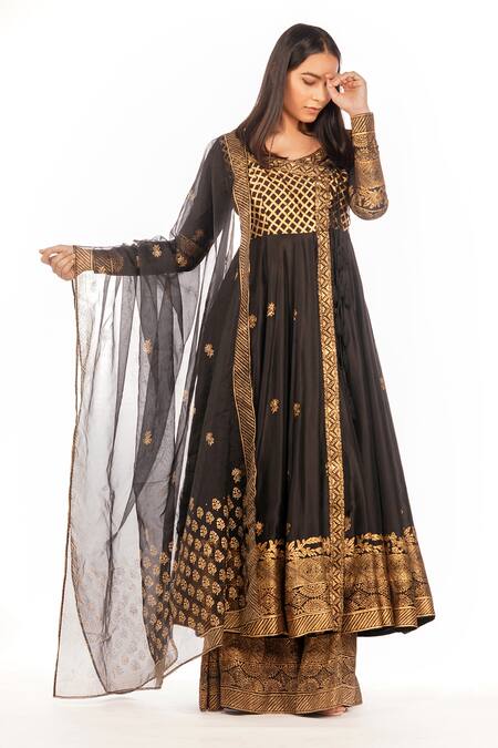 Shruti S Black Angrakha Silksharara Modaldupatta Organza Hand Block Silk Set Online at Aza Fashions Shruti S_Black Angrakha Silksharara Modaldupatta Organza Hand Block Silk Set _Online_at_Aza_Fashions