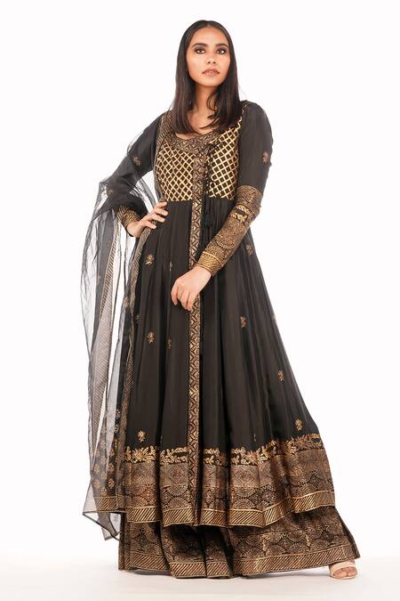 Buy Shruti S Black Angrakha Silksharara Modaldupatta Organza Hand Block Silk Set Online at Aza Fashions Buy_Shruti S_Black Angrakha Silksharara Modaldupatta Organza Hand Block Silk Set _Online_at_Aza_Fashions