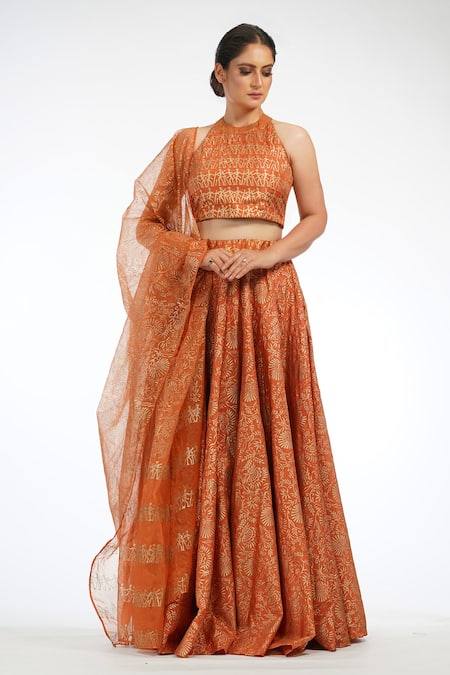 Shruti S Orange Lehenga And Blouse Silk Printed Hand Block Round Floral Set 