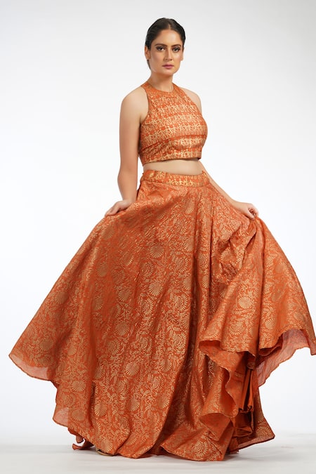 Shruti S_Orange Dupatta Organza, Lehenga And Blouse Silk Hand Block Prints Floral Set_Online_at_Aza_Fashions