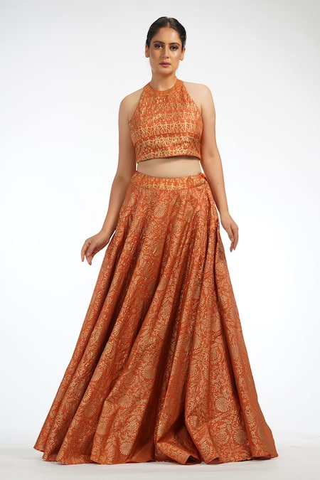 Buy_Shruti S_Orange Dupatta Organza, Lehenga And Blouse Silk Hand Block Prints Floral Set_Online_at_Aza_Fashions