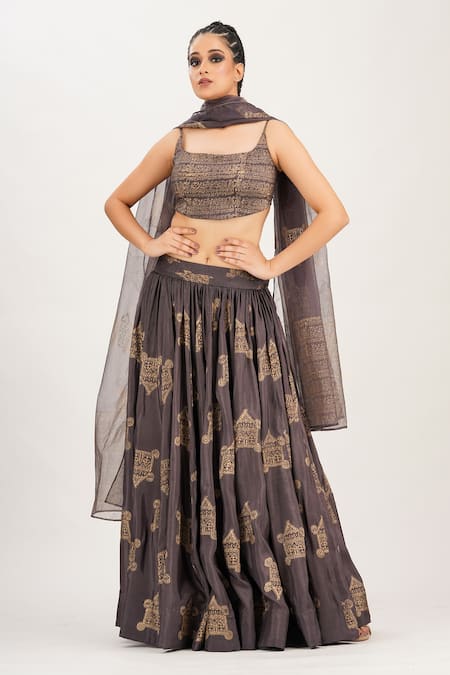 Shruti S Silk Metallic Hand Block Print Lehenga Set 