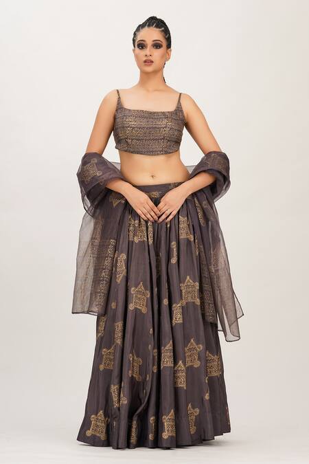 Shruti S_Grey Dupatta Organza, Lehenga And Blouse Silk Hand Block Prints Metallic Set _Online_at_Aza_Fashions