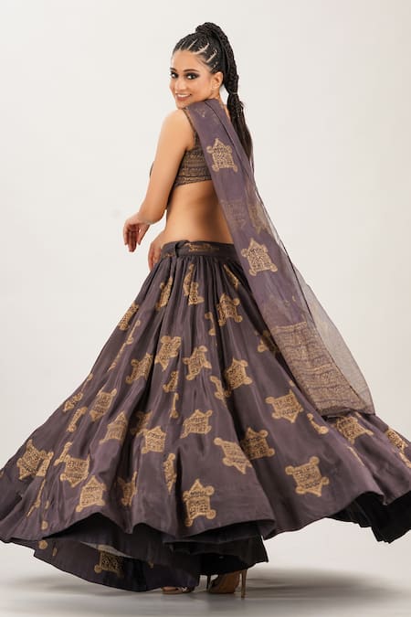Buy_Shruti S_Grey Dupatta Organza, Lehenga And Blouse Silk Hand Block Prints Metallic Set _Online_at_Aza_Fashions
