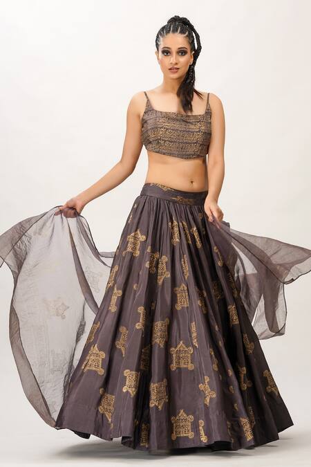 Shop_Shruti S_Grey Dupatta Organza, Lehenga And Blouse Silk Hand Block Prints Metallic Set _Online_at_Aza_Fashions