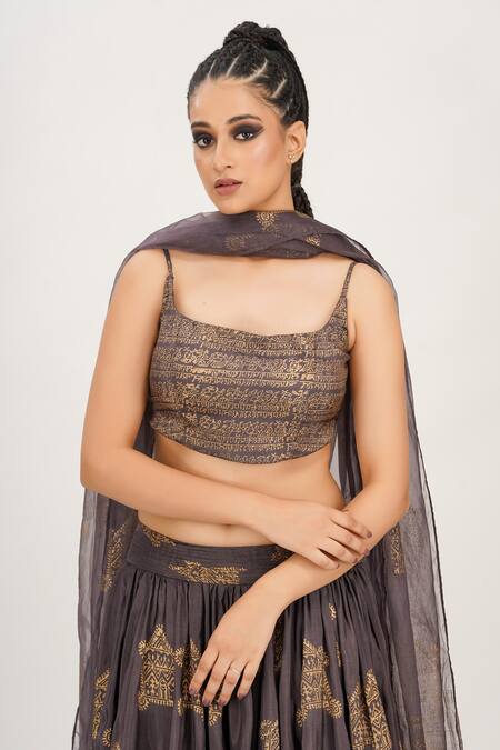 Shruti S_Grey Dupatta Organza, Lehenga And Blouse Silk Hand Block Prints Metallic Set _at_Aza_Fashions