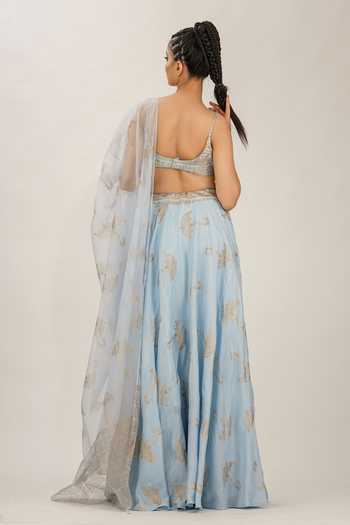 Shop Shruti S Blue Dupatta Organza, Lehenga And Blouse Silk Umbrella Hand Block Print Set at Aza Fashions Shop_Shruti S_Blue Dupatta Organza, Lehenga And Blouse Silk Umbrella Hand Block Print Set _at_Aza_Fashions
