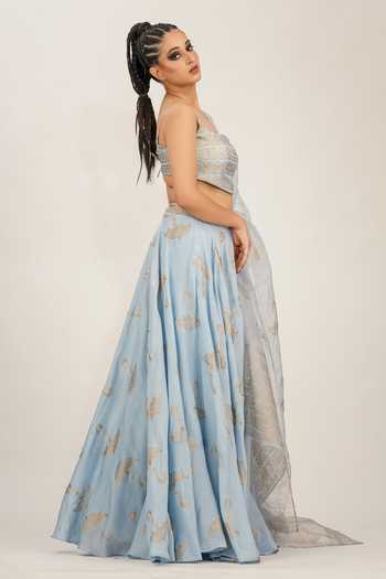 Shruti S_Blue Dupatta Organza, Lehenga And Blouse Silk Umbrella Hand Block Print Set _Online_at_Aza_Fashions