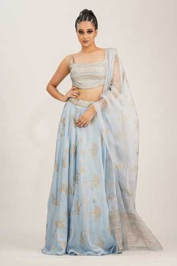 Buy_Shruti S_Blue Dupatta Organza, Lehenga And Blouse Silk Umbrella Hand Block Print Set _Online_at_Aza_Fashions