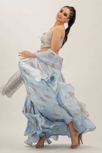 Shop_Shruti S_Blue Dupatta Organza, Lehenga And Blouse Silk Umbrella Hand Block Print Set _Online_at_Aza_Fashions