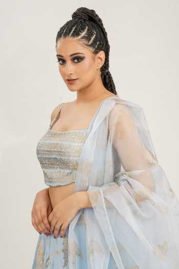 Shruti S_Blue Dupatta Organza, Lehenga And Blouse Silk Umbrella Hand Block Print Set _at_Aza_Fashions