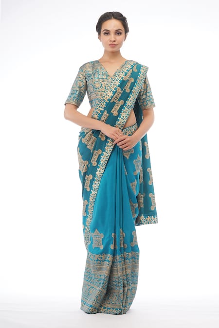 Buy Blue Saree Crepeblouse Silk Petticoat Satin Painted Print With For  Women by Shruti S Online at Aza Fashions.