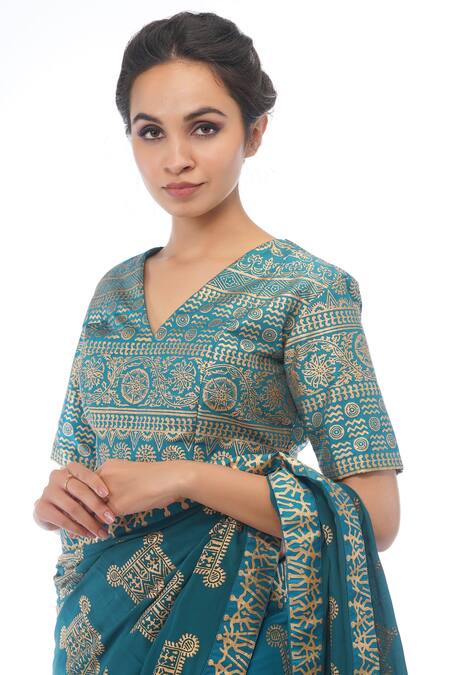 Shruti S_Blue Saree  Crepeblouse  Silk Petticoat  Satin Geometric V Neck Print With_at_Aza_Fashions