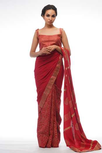 Shop_Shruti S_Red Saree  Crepeblouse  Silk Petticoat  Satin Floral Square Neck Print With _Online_at_Aza_Fashions