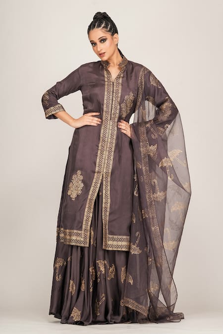 Shruti S Grey Dupatta  Organza, Kurta Silk, Sharara Modal Satin Hand Metallic Set 