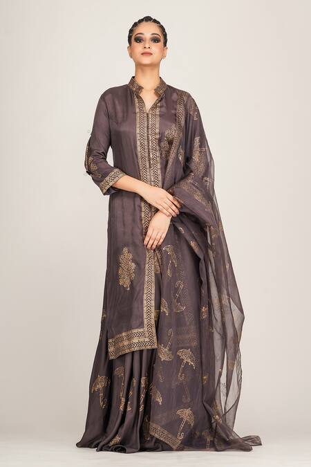 Buy_Shruti S_Grey Dupatta  Organza, Kurta Silk, Sharara Modal Satin Hand Metallic Set_Online_at_Aza_Fashions