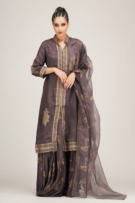 Shop_Shruti S_Grey Dupatta  Organza, Kurta Silk, Sharara Modal Satin Hand Metallic Set_Online_at_Aza_Fashions