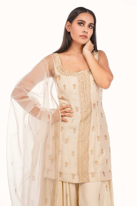 Buy_Shruti S_White Kurta Silksharara  Modal Satindupatta  Organza Hand Block Silk Set_Online_at_Aza_Fashions