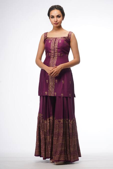 Shruti S_Purple Silk, Organza, Modal Satin Floral Motifs Square Print Kurta Sharara Set_Online_at_Aza_Fashions