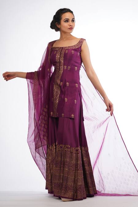 Buy_Shruti S_Purple Silk, Organza, Modal Satin Floral Motifs Square Print Kurta Sharara Set_Online_at_Aza_Fashions