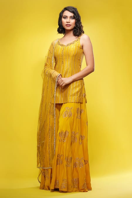 Buy_Shruti S_Yellow Dupatta Star Net, Kurta Silk, Sharara Crepe Stripe Metallic Set_Online_at_Aza_Fashions