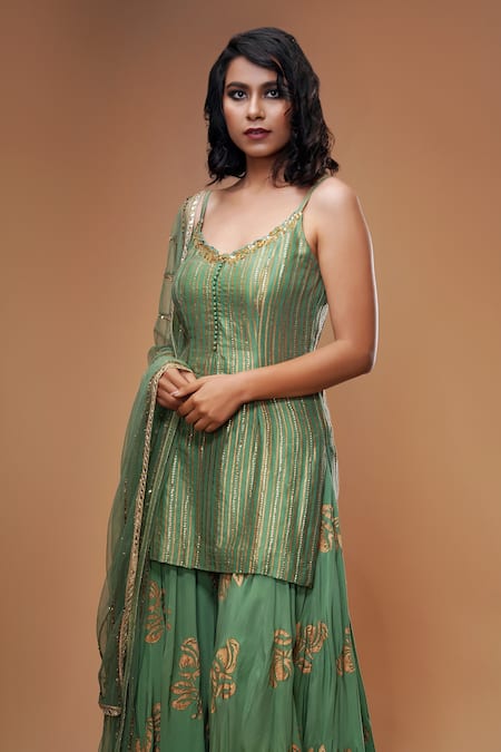 Buy_Shruti S_Green Dupatta Star Net, Kurta Silk, Sharara Crepe Stripe Metallic Set _Online_at_Aza_Fashions