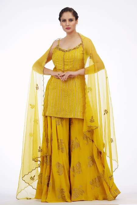 Shruti S Yellow Kurta Silk Printed Stripe Round Metallic Sharara Set 