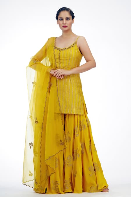 Shruti S_Yellow Dupatta Star Net, Kurta Silk, Sharara Crepe Stripe Metallic Set _Online_at_Aza_Fashions