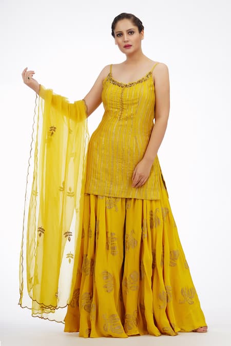 Buy_Shruti S_Yellow Dupatta Star Net, Kurta Silk, Sharara Crepe Stripe Metallic Set _Online_at_Aza_Fashions