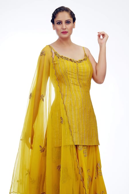 Shop_Shruti S_Yellow Dupatta Star Net, Kurta Silk, Sharara Crepe Stripe Metallic Set _Online_at_Aza_Fashions