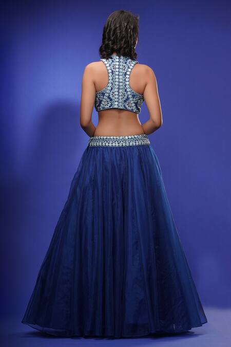 Shop_Shruti S_Blue Choli  Silklehenga  Organzadupatta  Organza Mirror Embroidered Set _at_Aza_Fashions