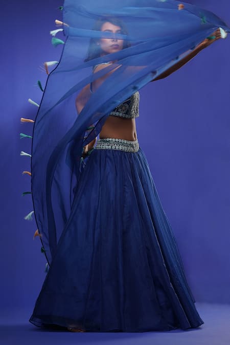 Shruti S_Blue Choli  Silklehenga  Organzadupatta  Organza Mirror Embroidered Set _Online_at_Aza_Fashions