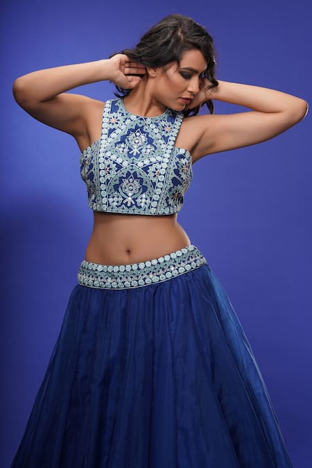 Buy_Shruti S_Blue Choli  Silklehenga  Organzadupatta  Organza Mirror Embroidered Set _Online_at_Aza_Fashions