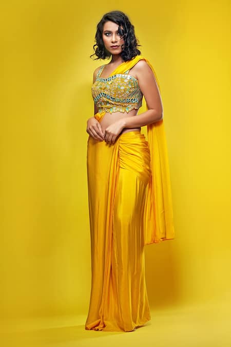 Shruti S_Yellow Saree Crepeblouse  Silk Mirror Work, Pre-draped With Embroidered_Online_at_Aza_Fashions